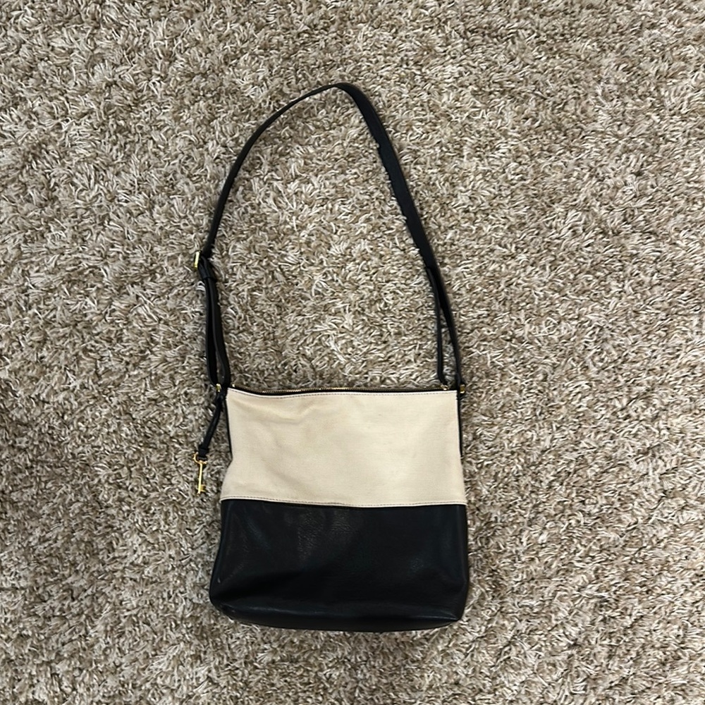 Fossil Cream and Black Shoulder Bag with Adjustable Strap